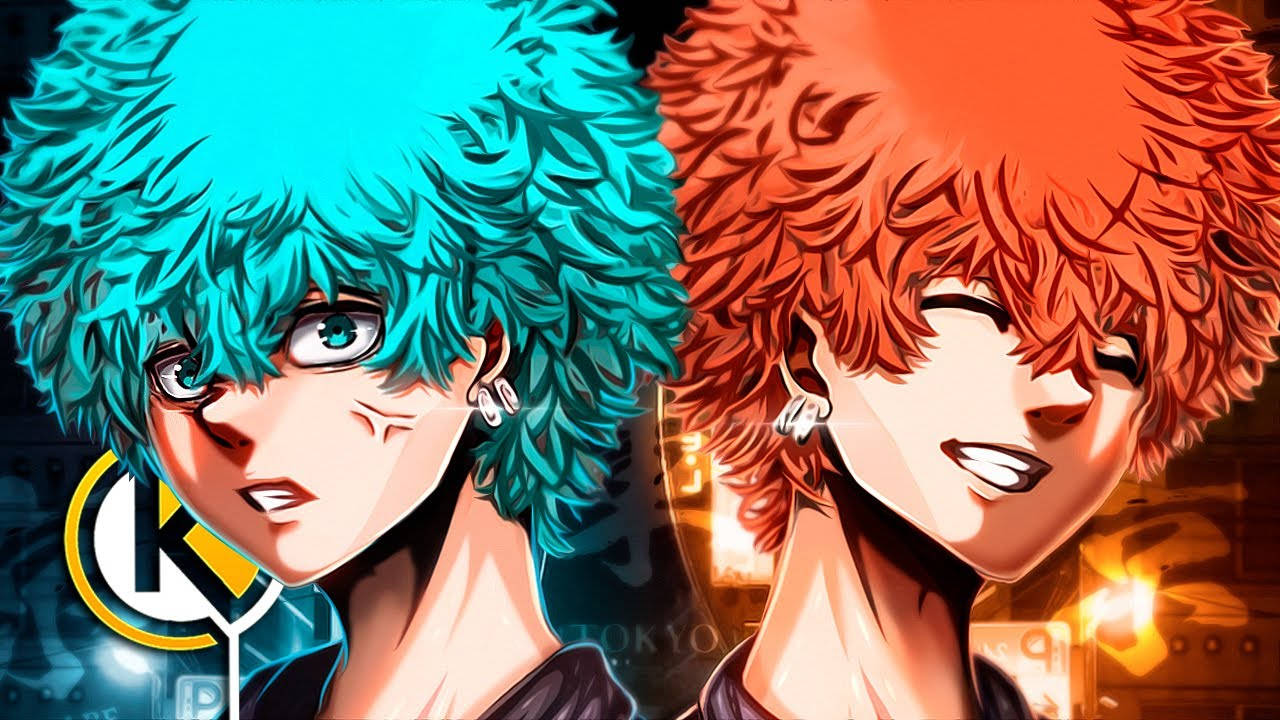Angry Tokyo Revengers, blue and orange afro hair, glowing neon city backdrop, HD Desktop Wallpaper
