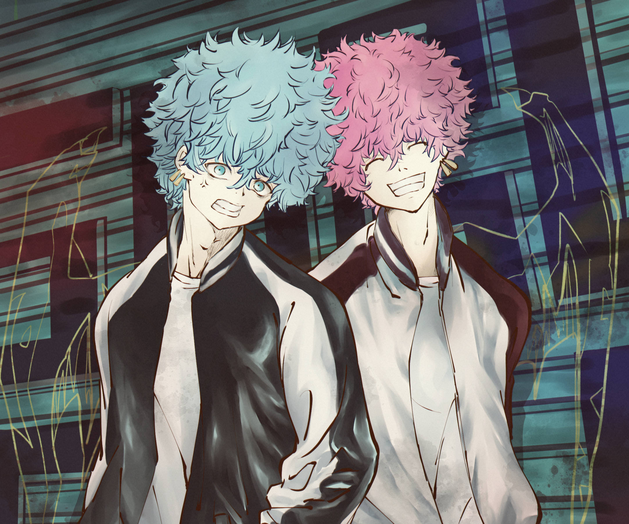 Angry Tokyo Revengers, spiky blue and pink hair, stylized urban backdrop, Full HD Desktop Wallpaper