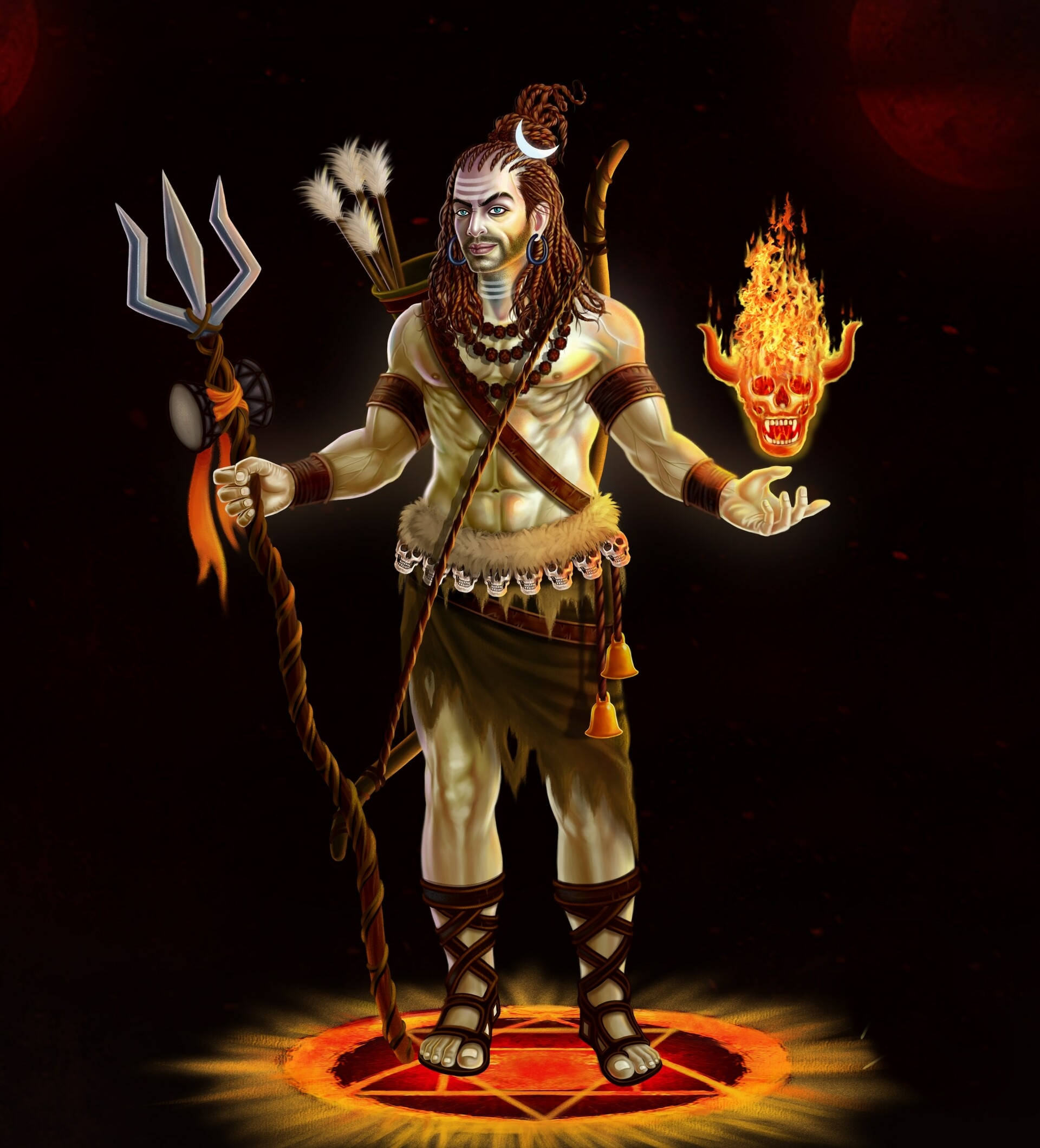 Angry Vishnu, flaming skull, trident, Full HD Phone Wallpaper