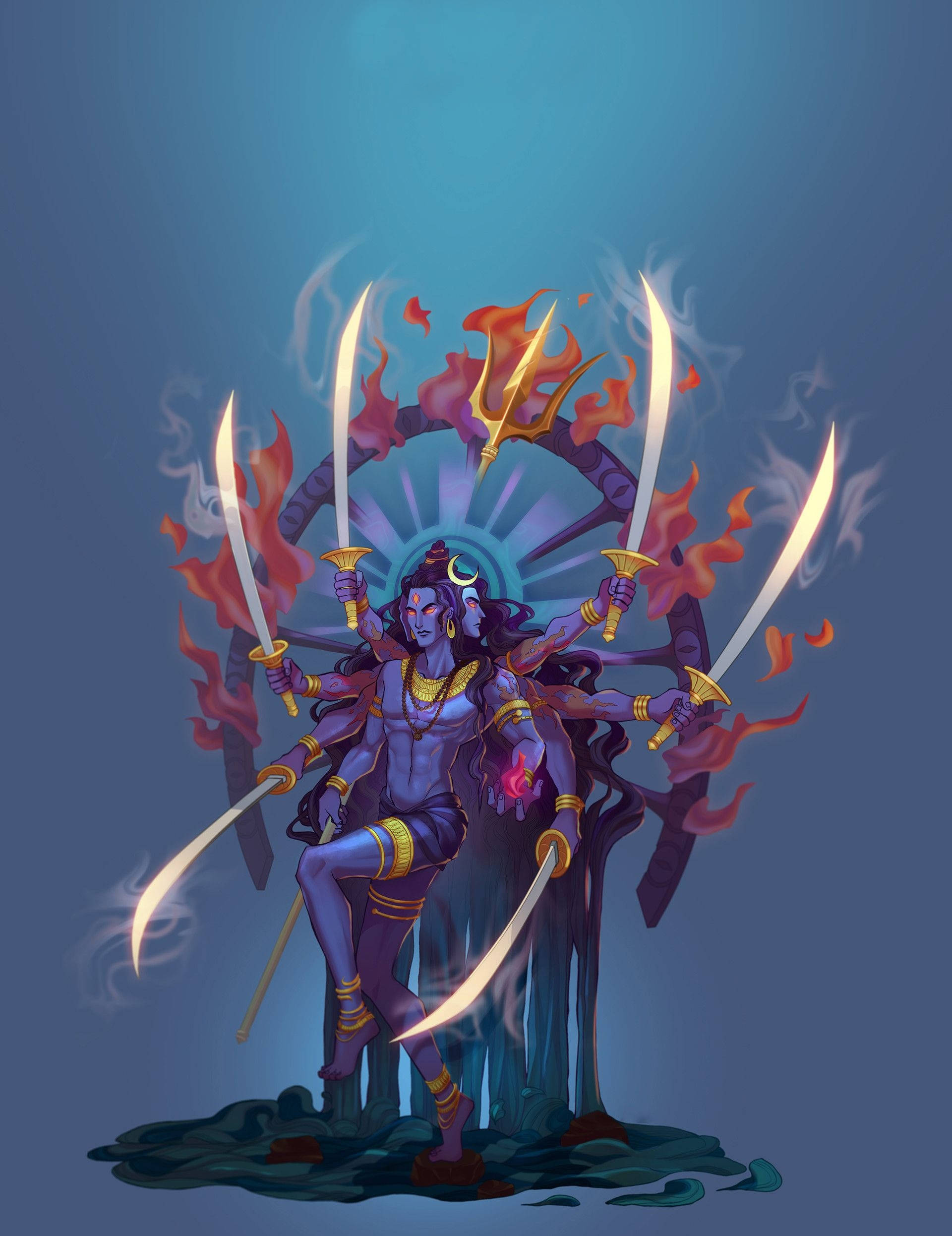 Angry Vishnu, seven swords, blue-skinned deity, Full HD Phone Wallpaper