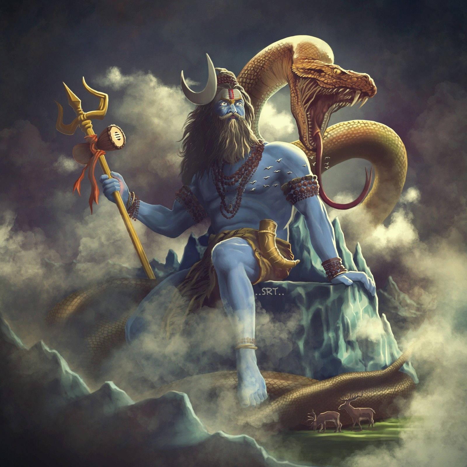 Angry Vishnu, blue-skinned Hindu deity, crescent moon crown, HD Desktop Wallpaper