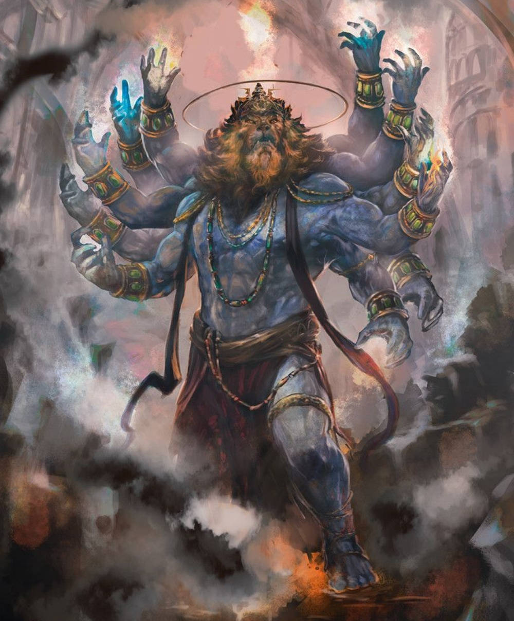 Angry Vishnu, lion form, 12 hands, SD Phone Wallpaper