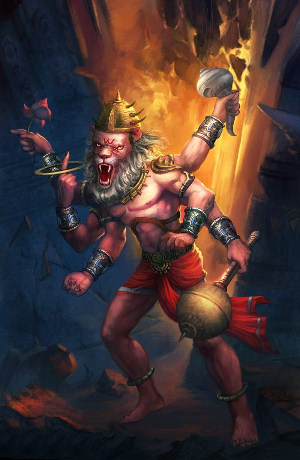 Angry Vishnu, lion head, multiple arms, HD Phone Wallpaper