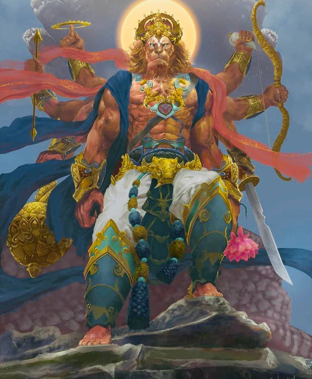 Angry Vishnu, lion-headed deity, eight hands, SD Phone Wallpaper