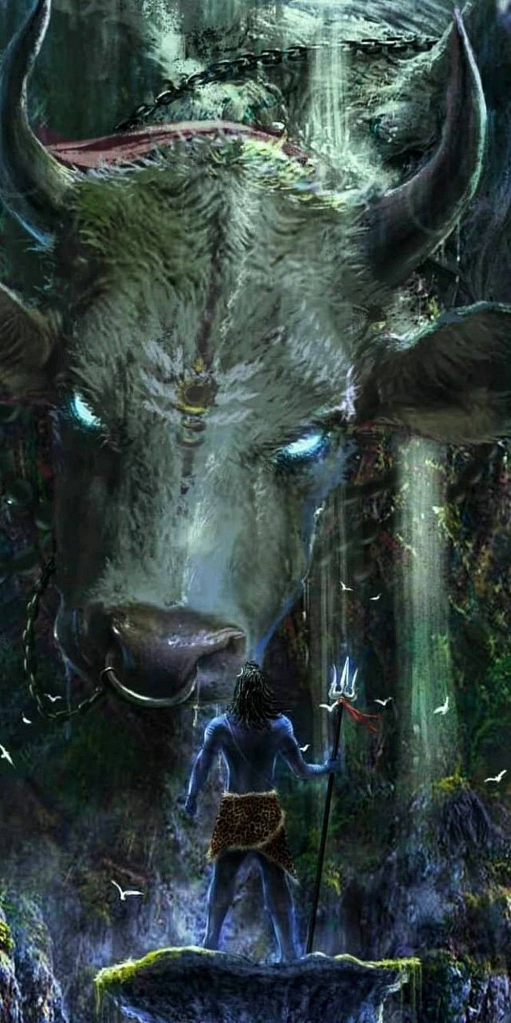 Angry Vishnu, colossal chained bull, glowing blue eyes, Full HD Phone Wallpaper