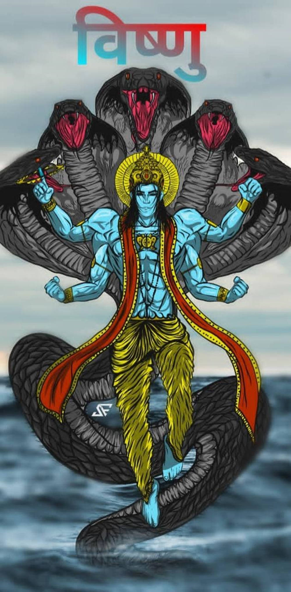 Angry Vishnu, blue-skinned Hindu deity, multiple arms, Full HD Phone Wallpaper