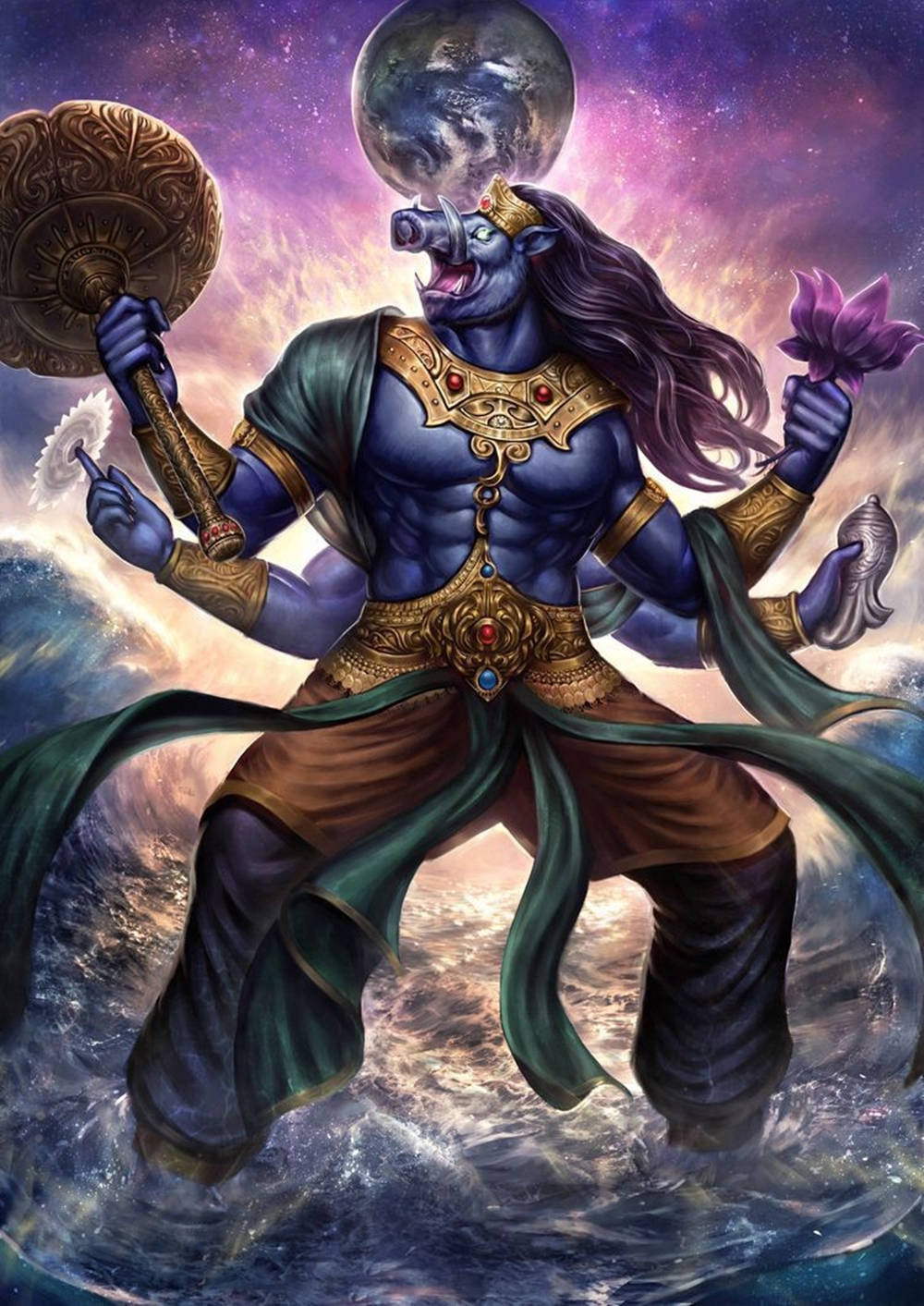 Angry Vishnu, four-armed deity, globe on his head, HD Phone Wallpaper