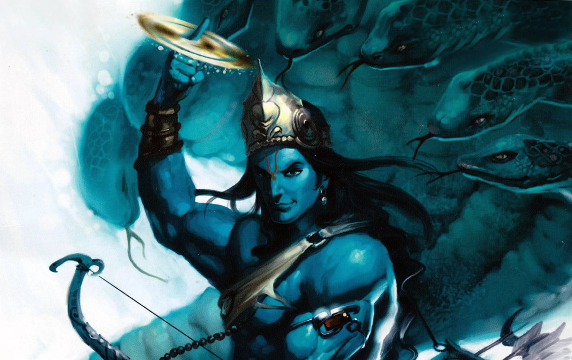 Angry Vishnu, blue-skinned, crown, Full HD Desktop Wallpaper