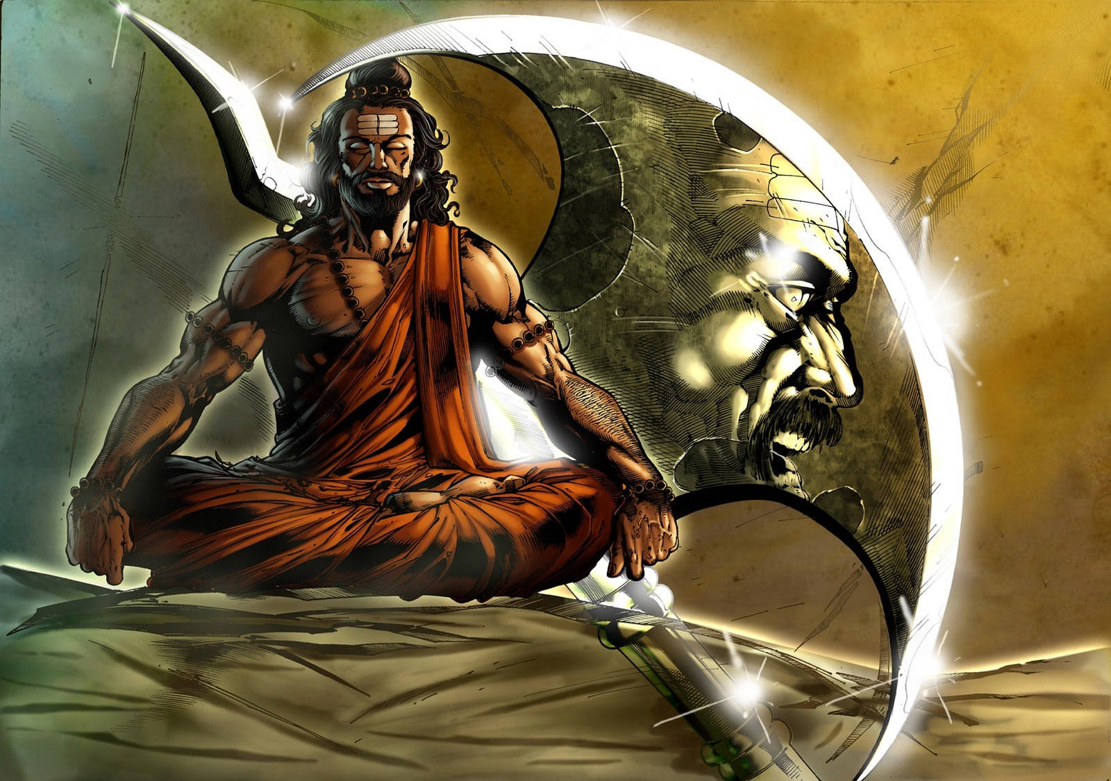 Angry Vishnu, orange robes, crescent moon, HD Desktop Wallpaper