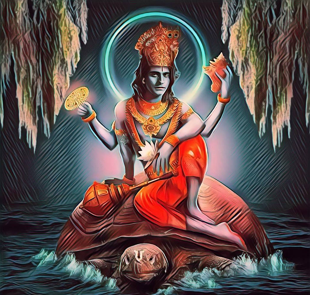 Angry Vishnu, tortoise shell, blue skin, SD Desktop Wallpaper