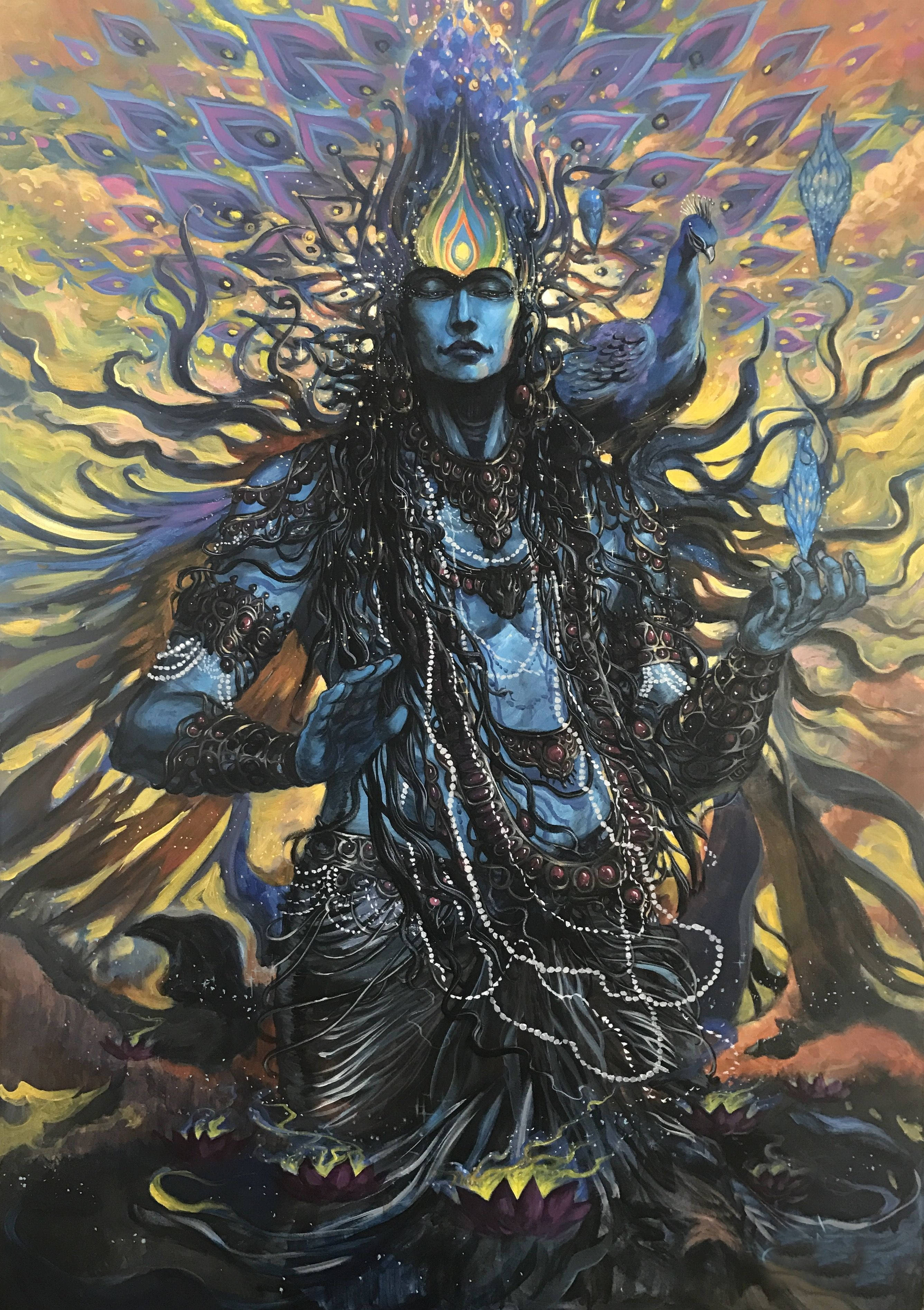 Angry Vishnu, black jewels, divine blue-skinned deity, 2K Phone Wallpaper