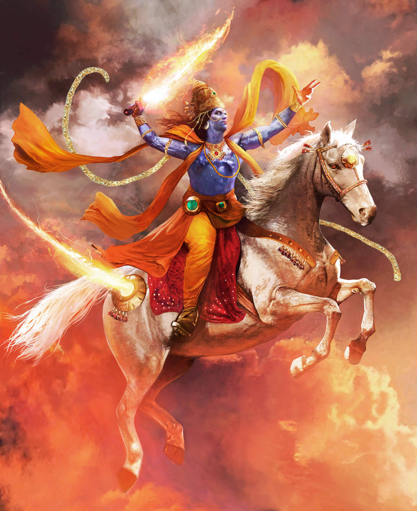 Angry Vishnu, flaming horse, blue-skinned deity, Full HD Phone Wallpaper