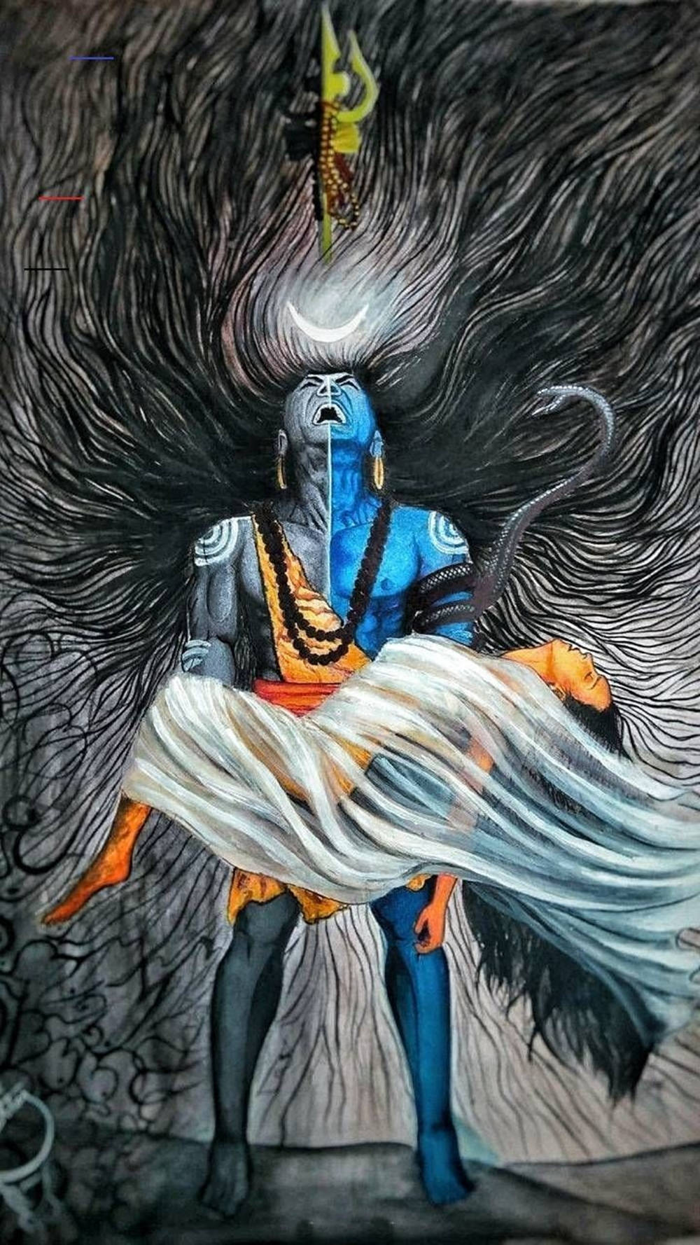 Angry Vishnu, blue-skinned deity, crescent moon crown, HD Phone Wallpaper