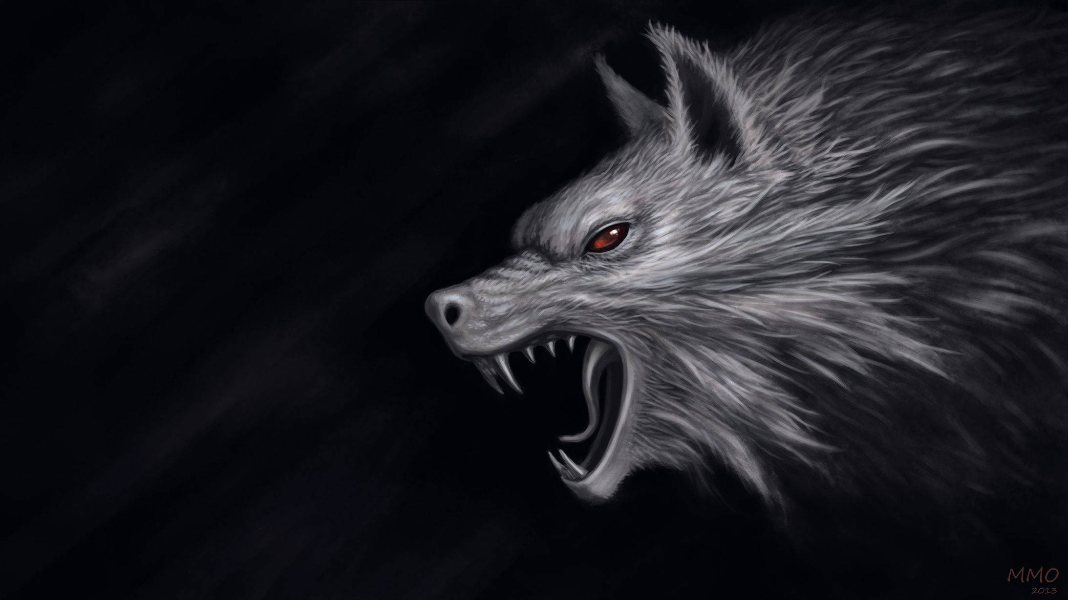 Angry Gray Wolf, glowing red eyes, sharp teeth, Full HD Desktop Wallpaper