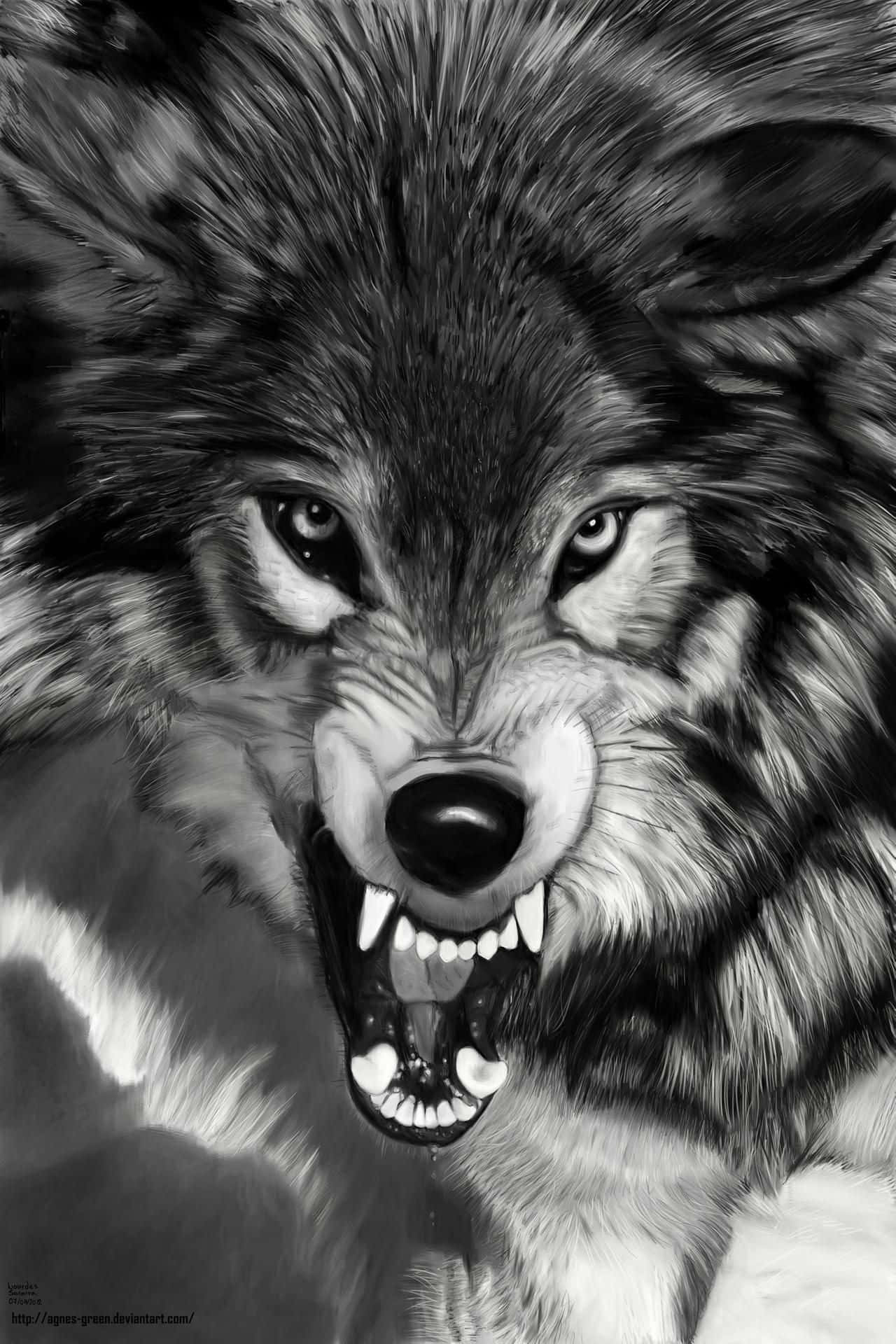 Angry Wolf, black and white illustration, snarling wolf, Full HD Phone Wallpaper