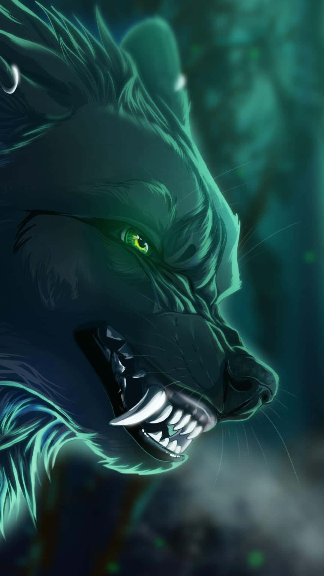 Angry Wolf, glowing green eyes, neon teal, Full HD Phone Wallpaper