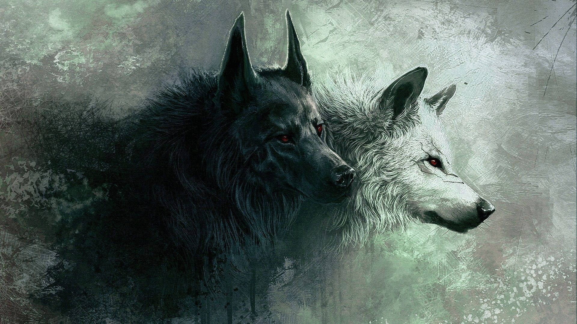 Angry Black And White Wolves, glowing red eyes, textured gray and green backdrop, Full HD Desktop Wallpaper