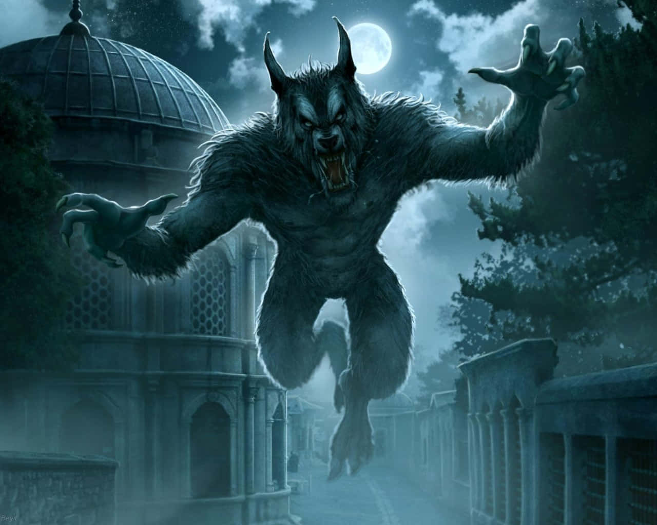 werewolf, moonlit night, glowing eyes, HD Desktop Wallpaper