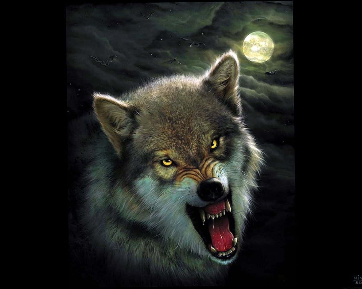 Angry Wolf, full moon, dark cloudy night sky, SD Desktop Wallpaper