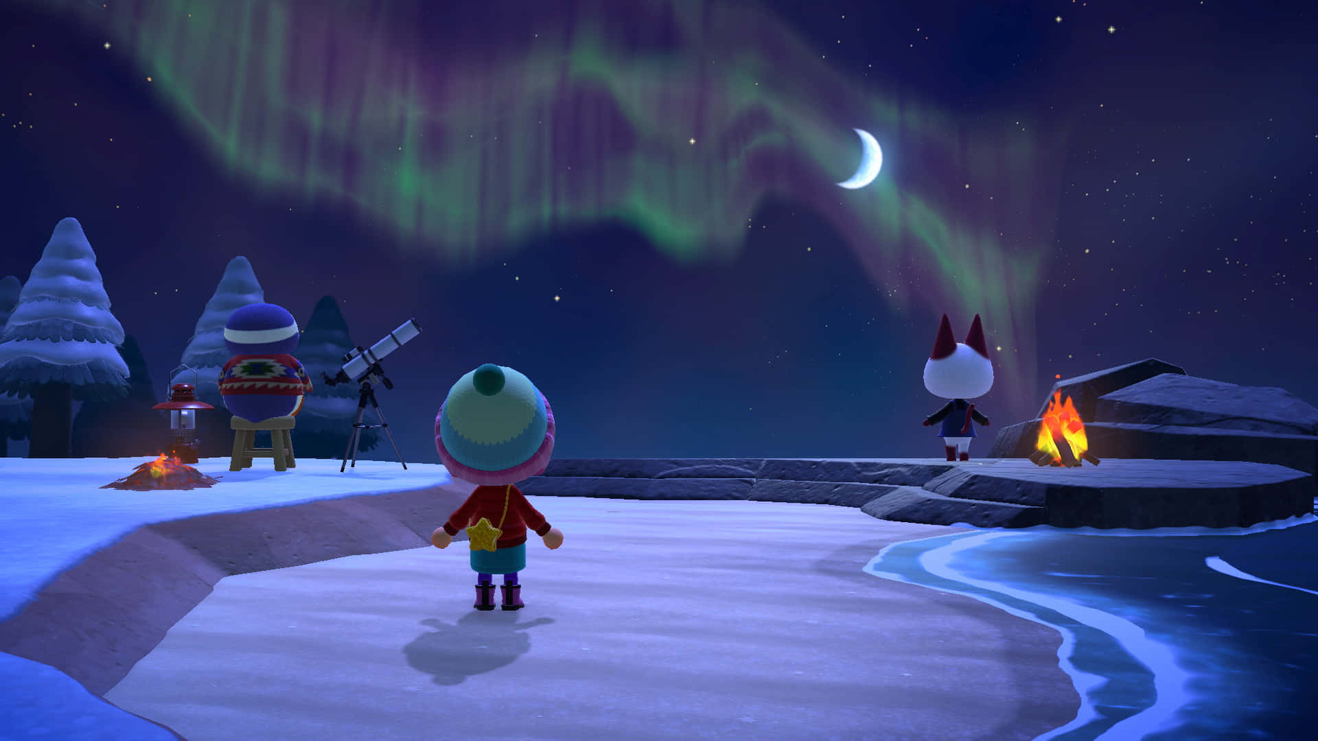 Animal Crossing, winter, auroras, Full HD Desktop Wallpaper