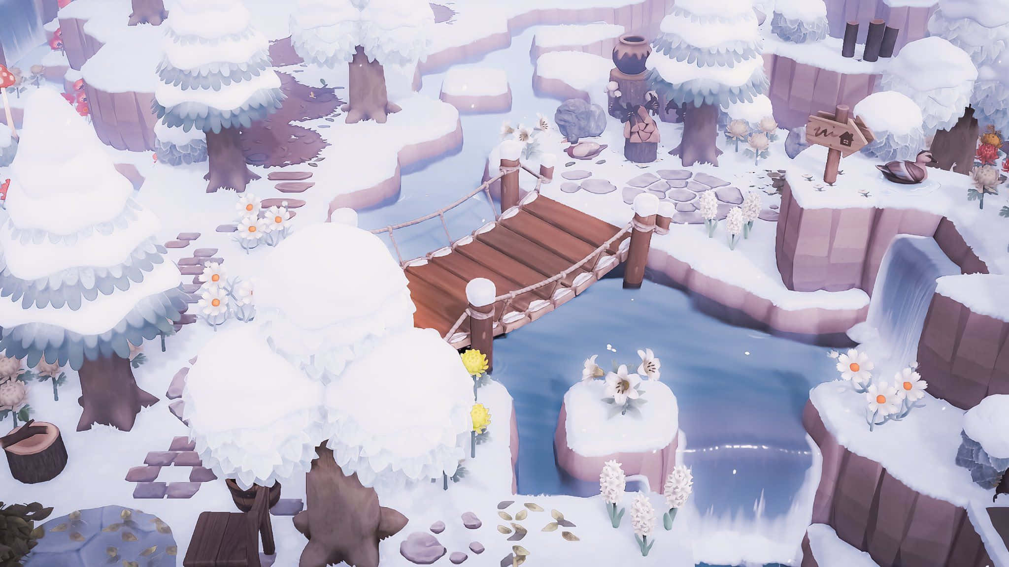 Animal Crossing: Winter, snow-covered town, wooden bridge, Full HD Desktop Wallpaper