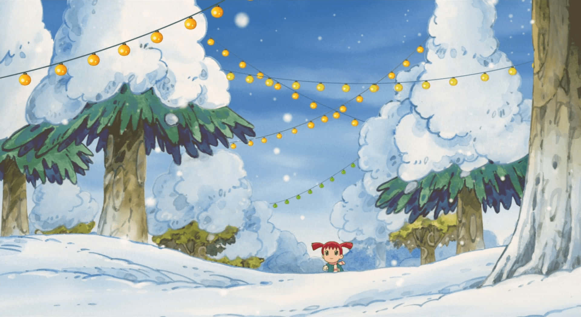 Animal Crossing Winter, red pigtails, snowy forest, Full HD Desktop Wallpaper