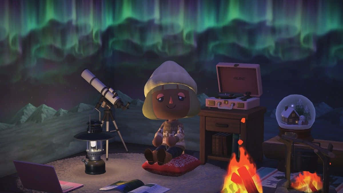 Animal Crossing Winter, campfire, aurora borealis, SD Desktop Wallpaper
