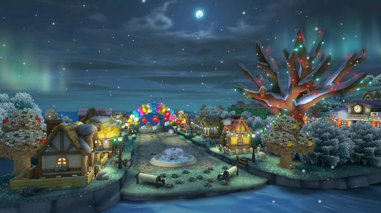 Animal Crossing Winter, whimsical winter village, starry night sky, HD Desktop Wallpaper
