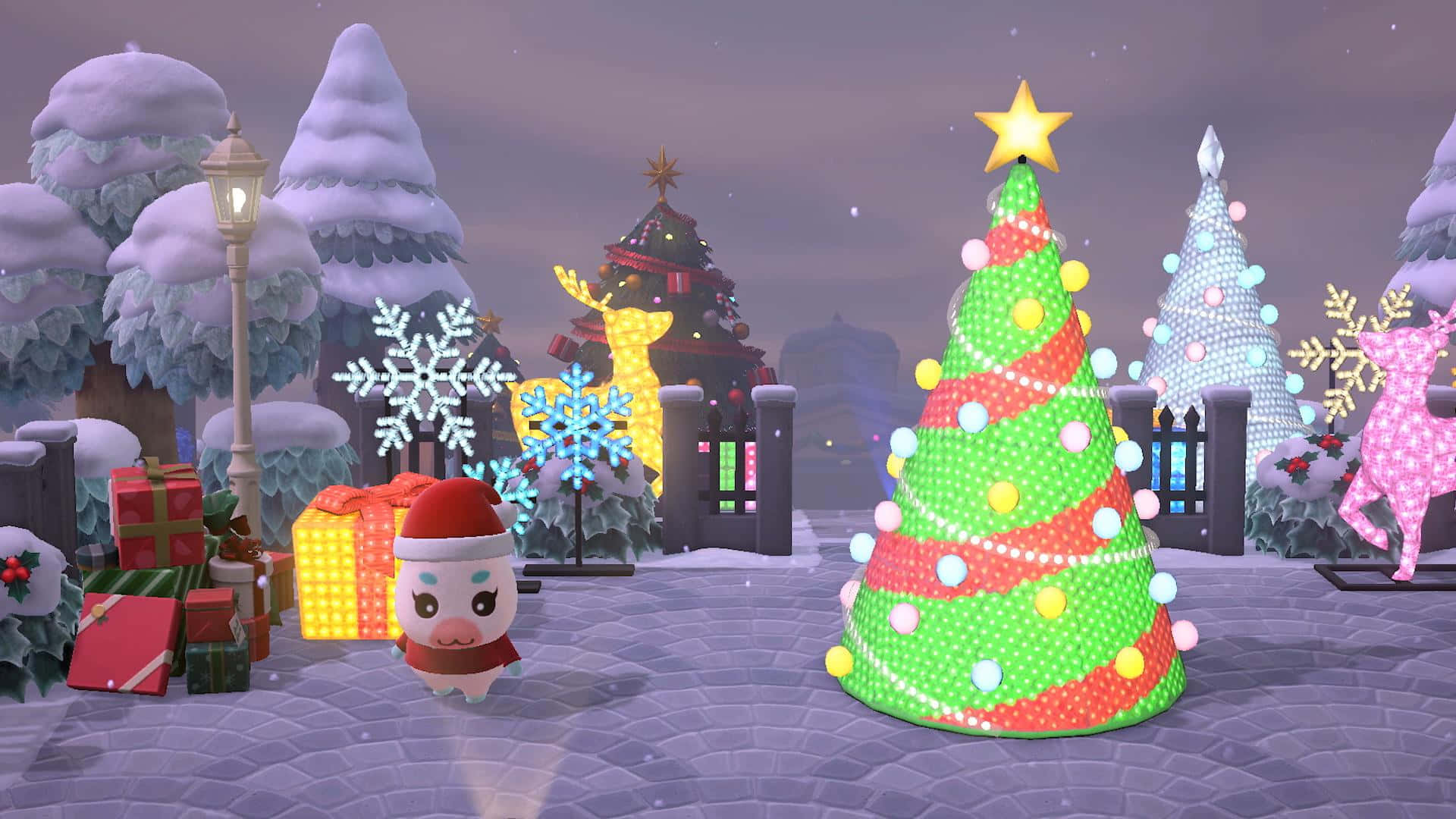 Animal Crossing Winter, Christmas tree, snow-covered trees, Full HD Desktop Wallpaper