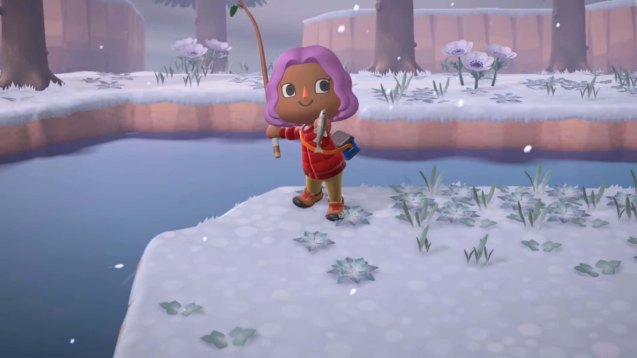 Animal Crossing Winter, purple-haired character, red coat, Full HD Desktop Wallpaper