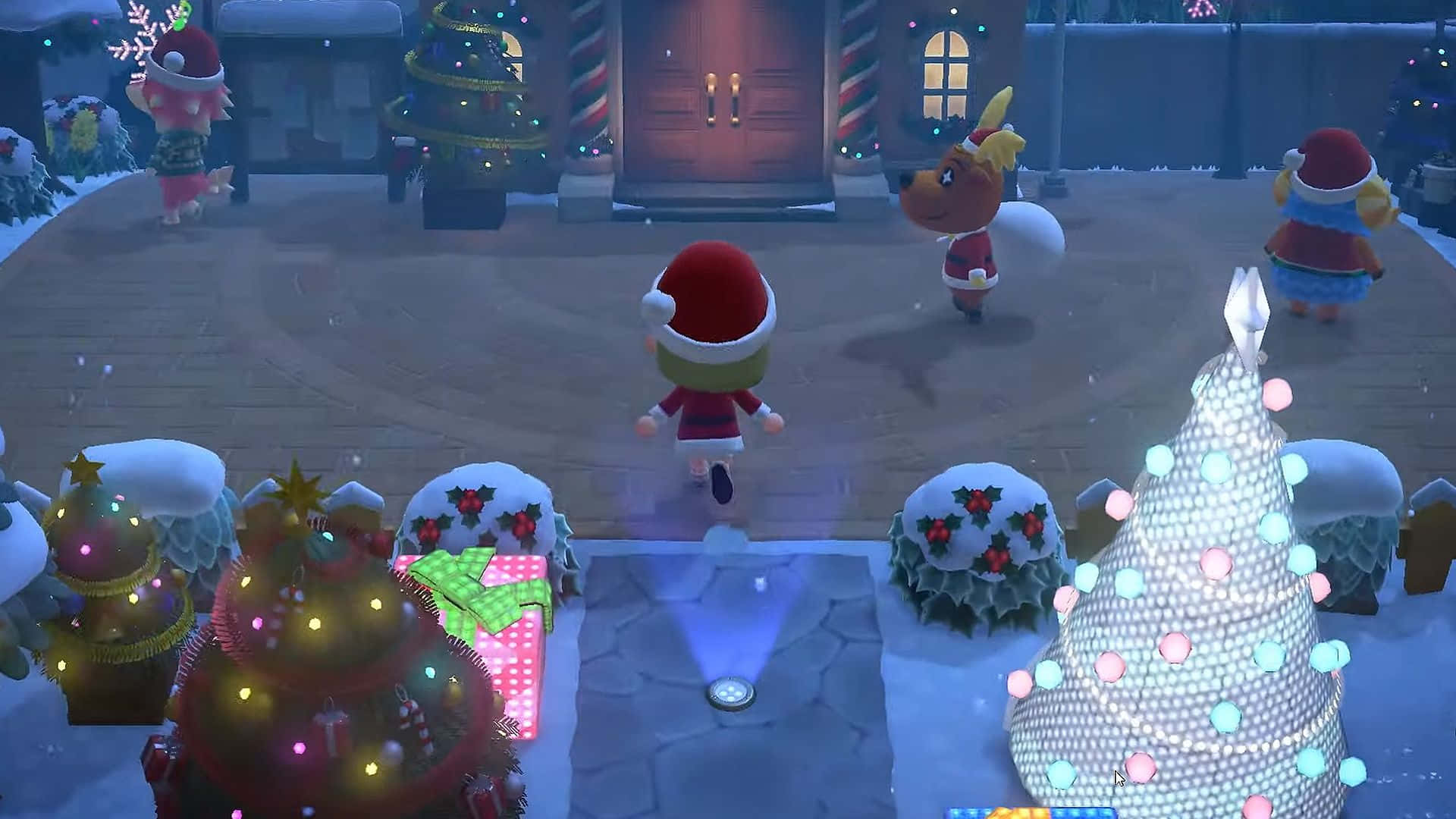 Animal Crossing Winter, snowy village square, glowing Christmas trees, Full HD Desktop Wallpaper