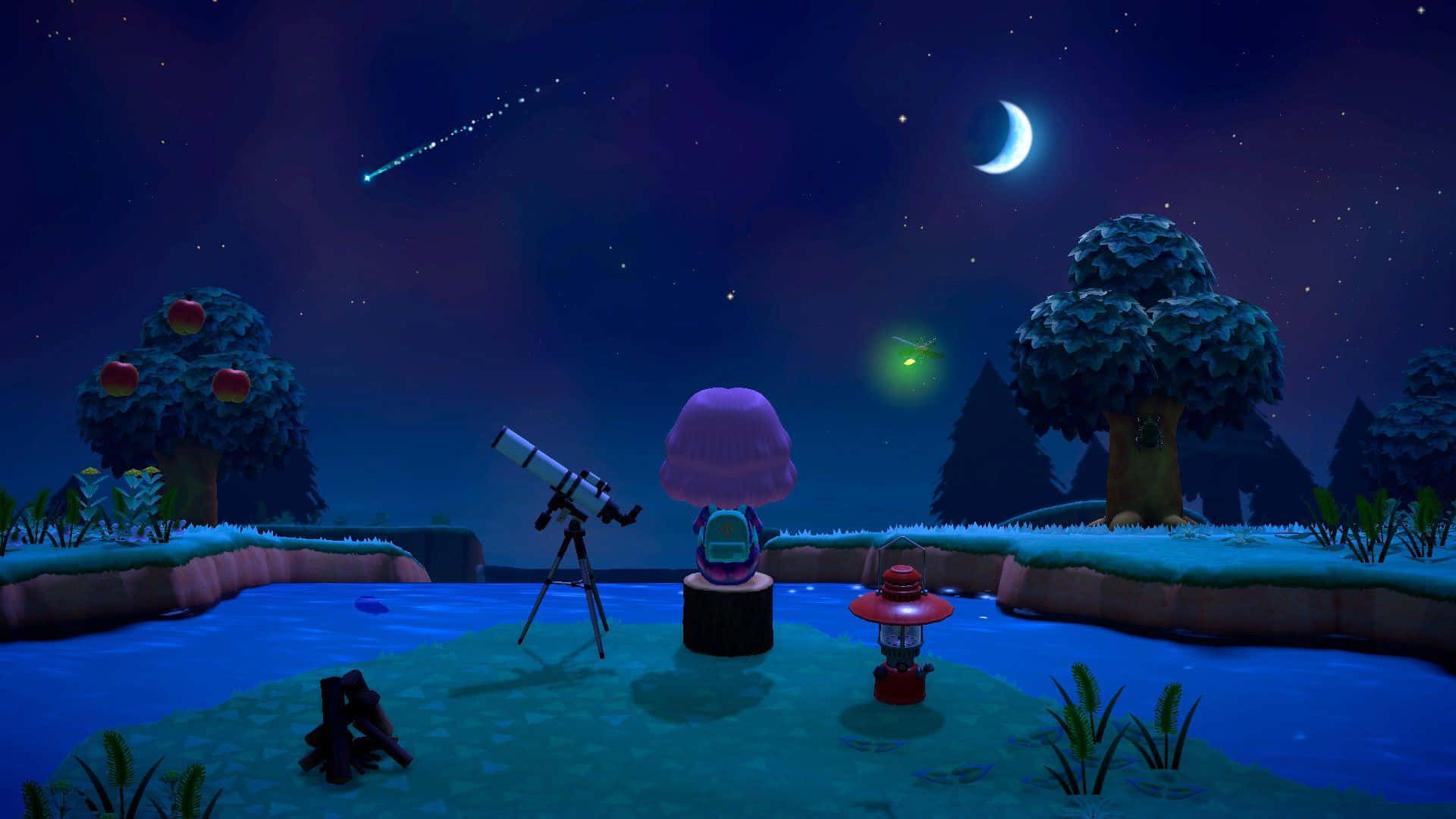 Animal Crossing Winter, purple hat, telescope, Full HD Desktop Wallpaper