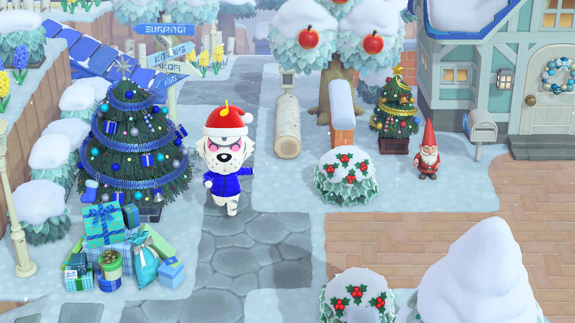Animal Crossing Winter, snowy village street, Christmas trees, Full HD Desktop Wallpaper