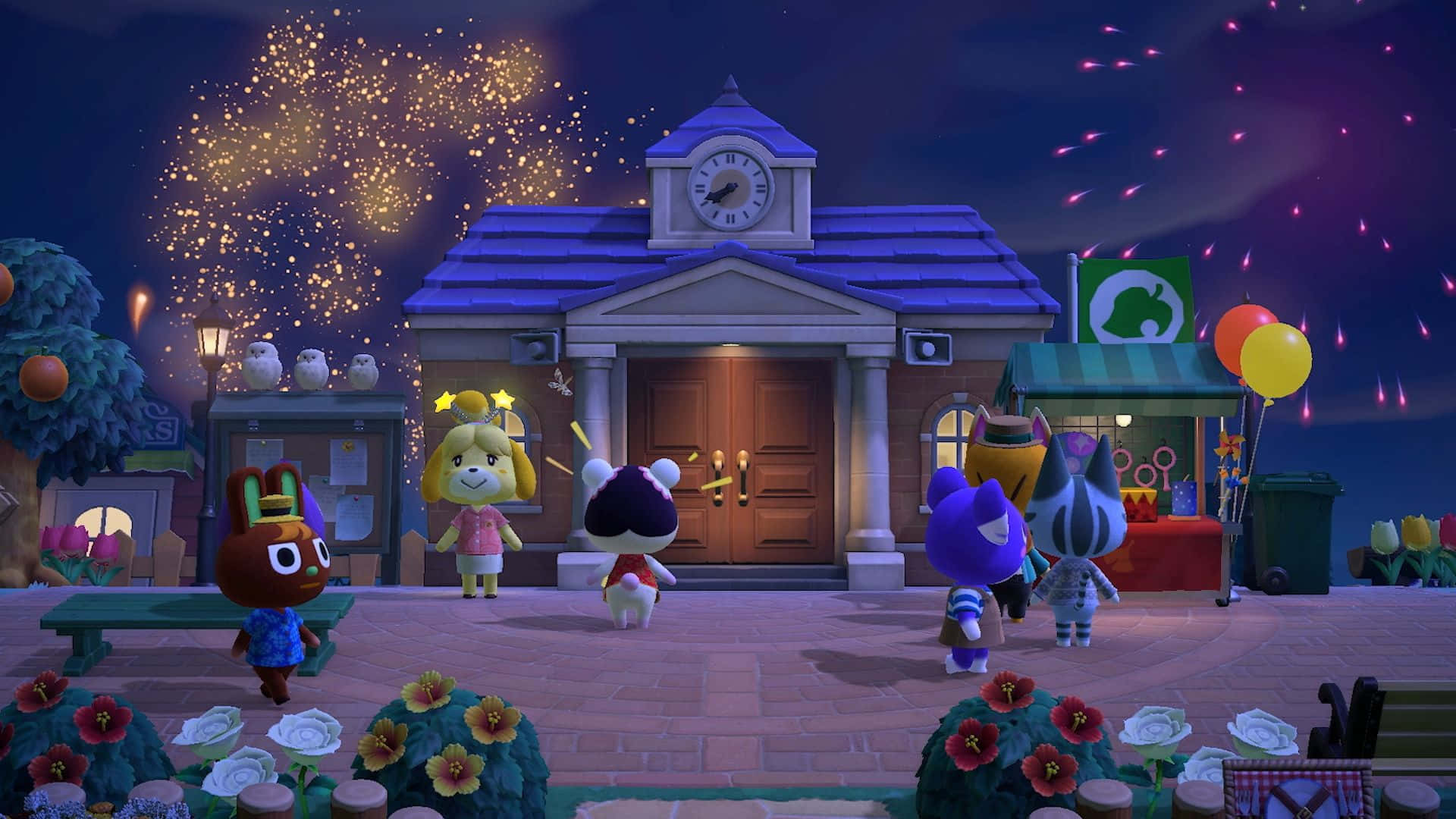 Animal Crossing Winter, town hall, fireworks, Full HD Desktop Wallpaper