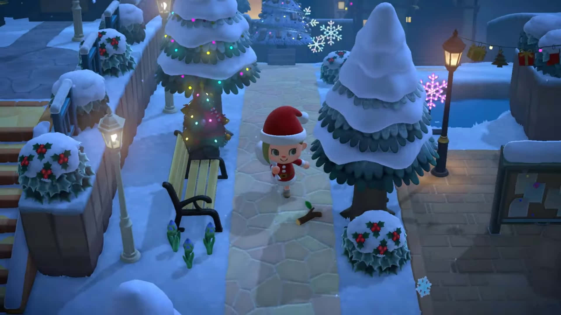 Animal Crossing, Santa hat, snow-covered trees, Full HD Desktop Wallpaper