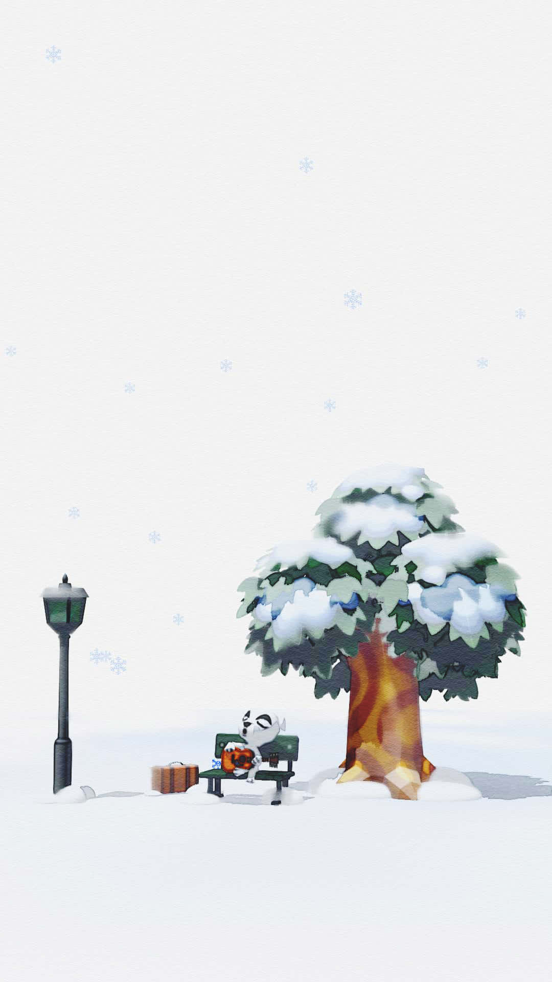 Animal Crossing Winter, white cat, snowy bench, Full HD Phone Wallpaper