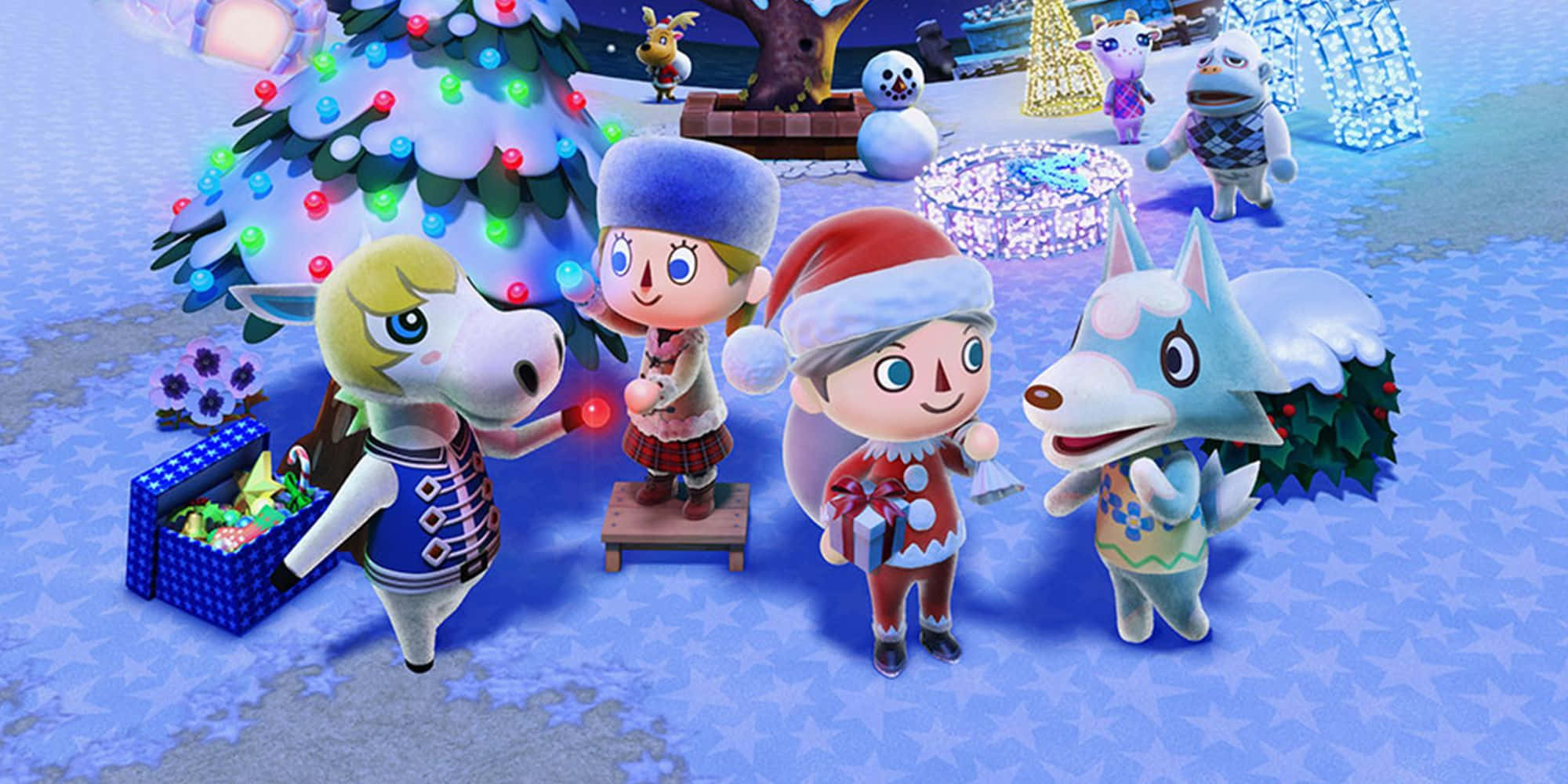 Animal Crossing Winter, Christmas tree, snow-covered, Full HD Desktop Wallpaper