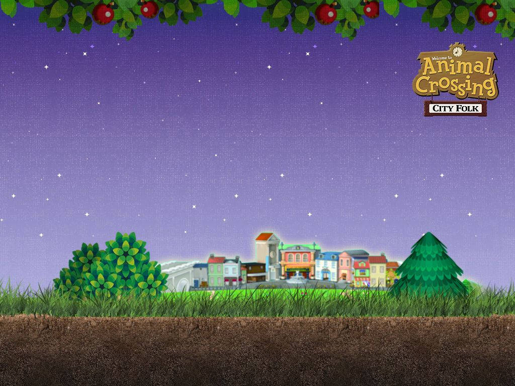 Animal Crossing, starry night, colorful City Folk village, SD Desktop Wallpaper