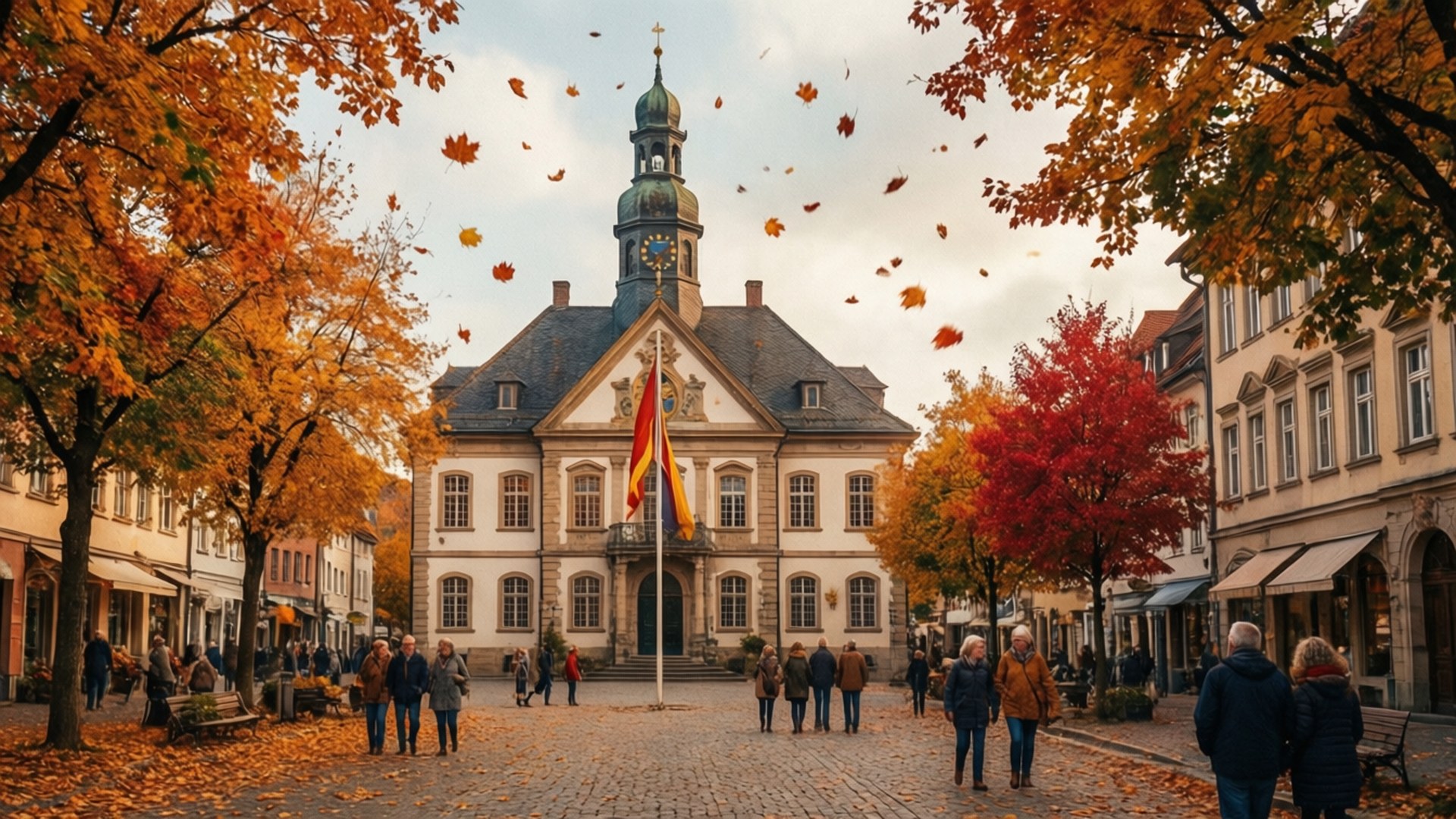 autumn town square, cobblestone town square, vibrant orange and red trees, Full HD Desktop Wallpaper