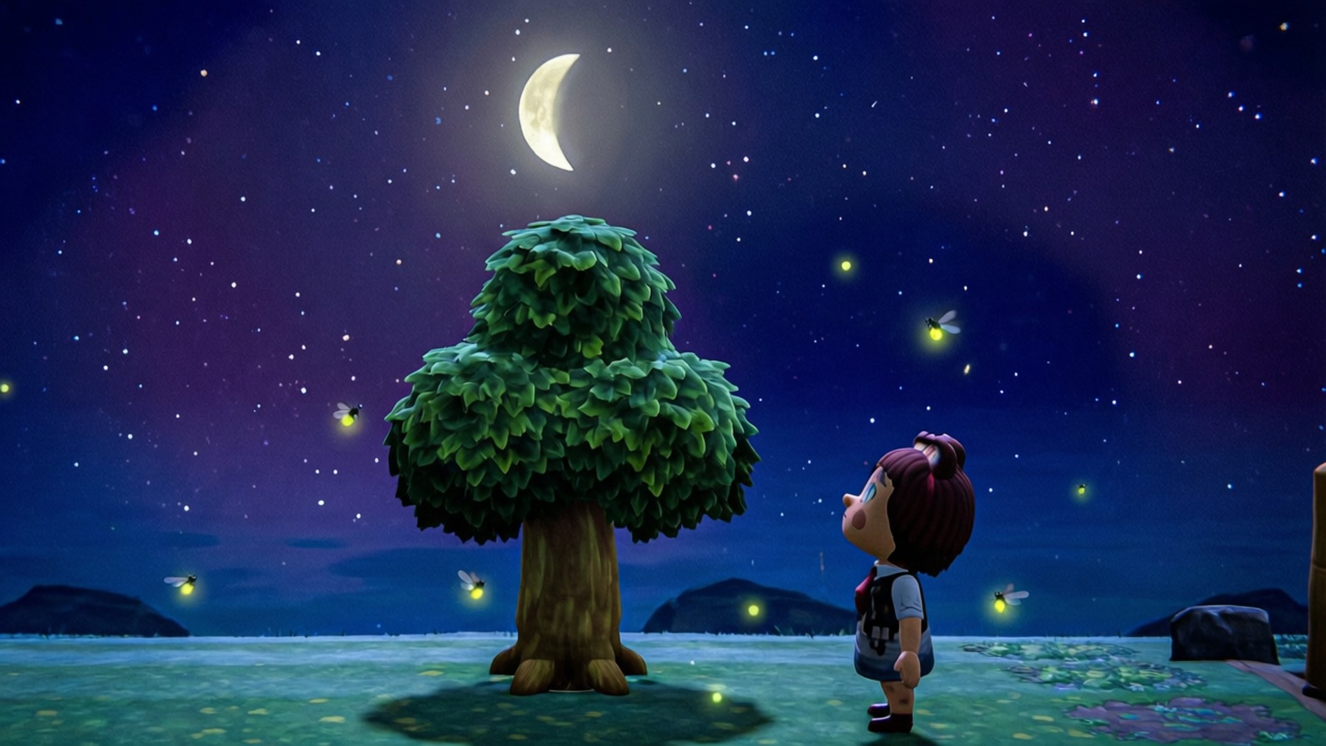 crescent moon, glowing fireflies, lush green tree, Full HD Desktop Wallpaper
