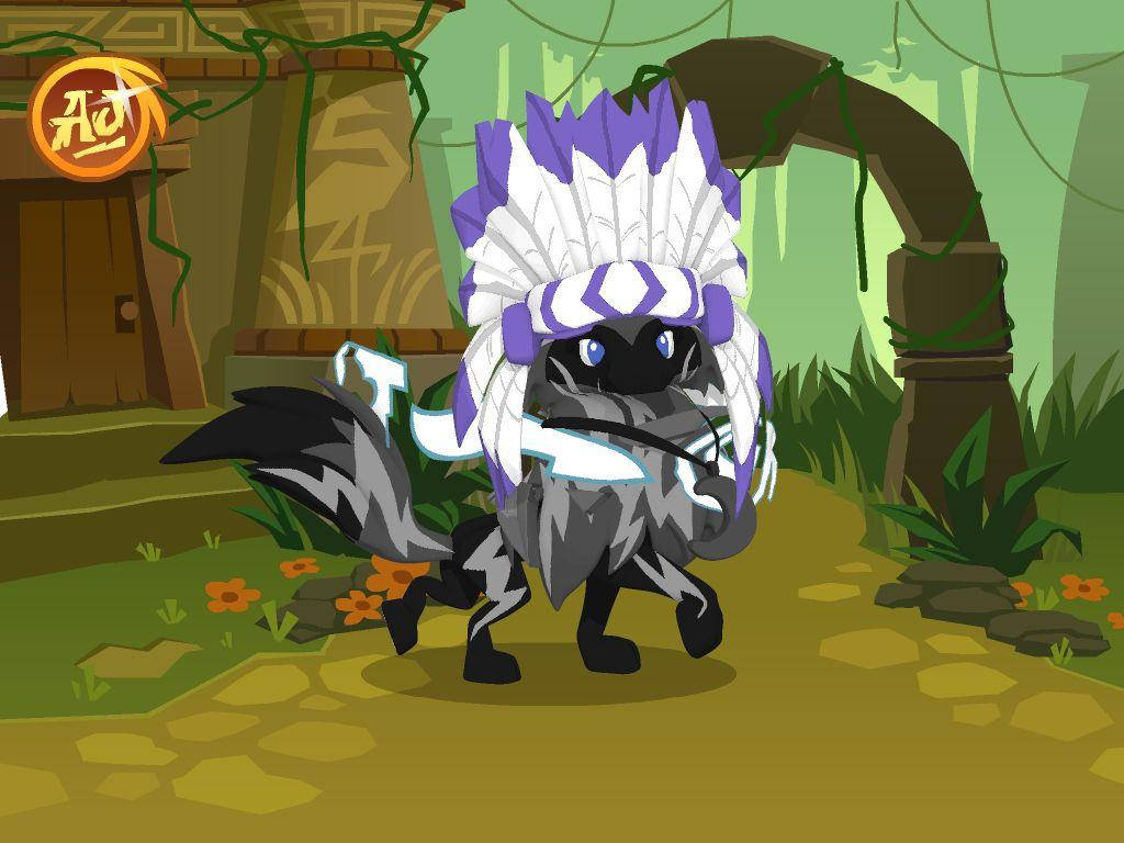 Animal Jam, skunk, purple and white feather headdress, SD Desktop Wallpaper