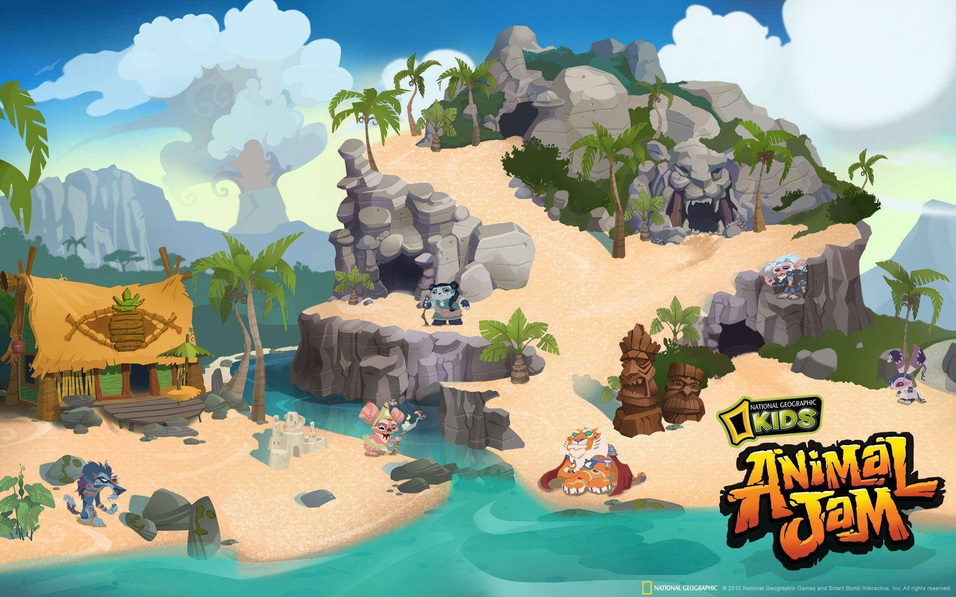 Animal Jam, palm trees, rocky cliffs, Full HD Desktop Wallpaper