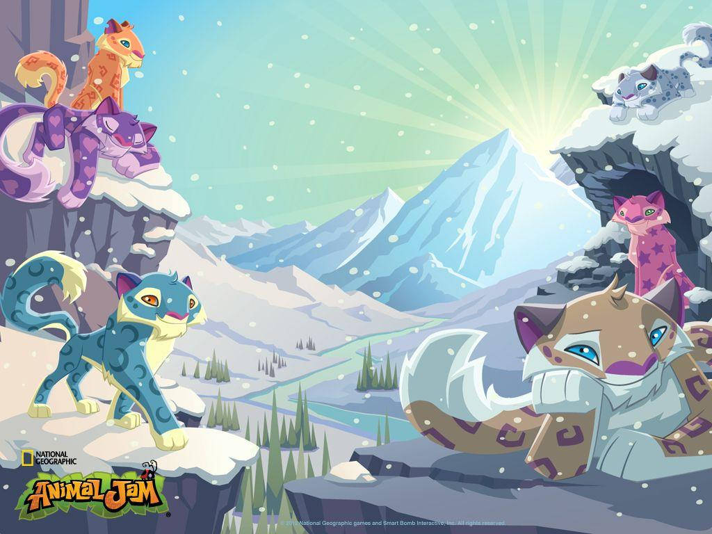 Animal Jam, snowy mountain, colorful cartoon cats, SD Desktop Wallpaper