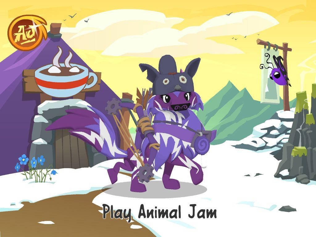Animal Jam, purple cartoon fox warrior, snowy mountain village, SD Desktop Wallpaper
