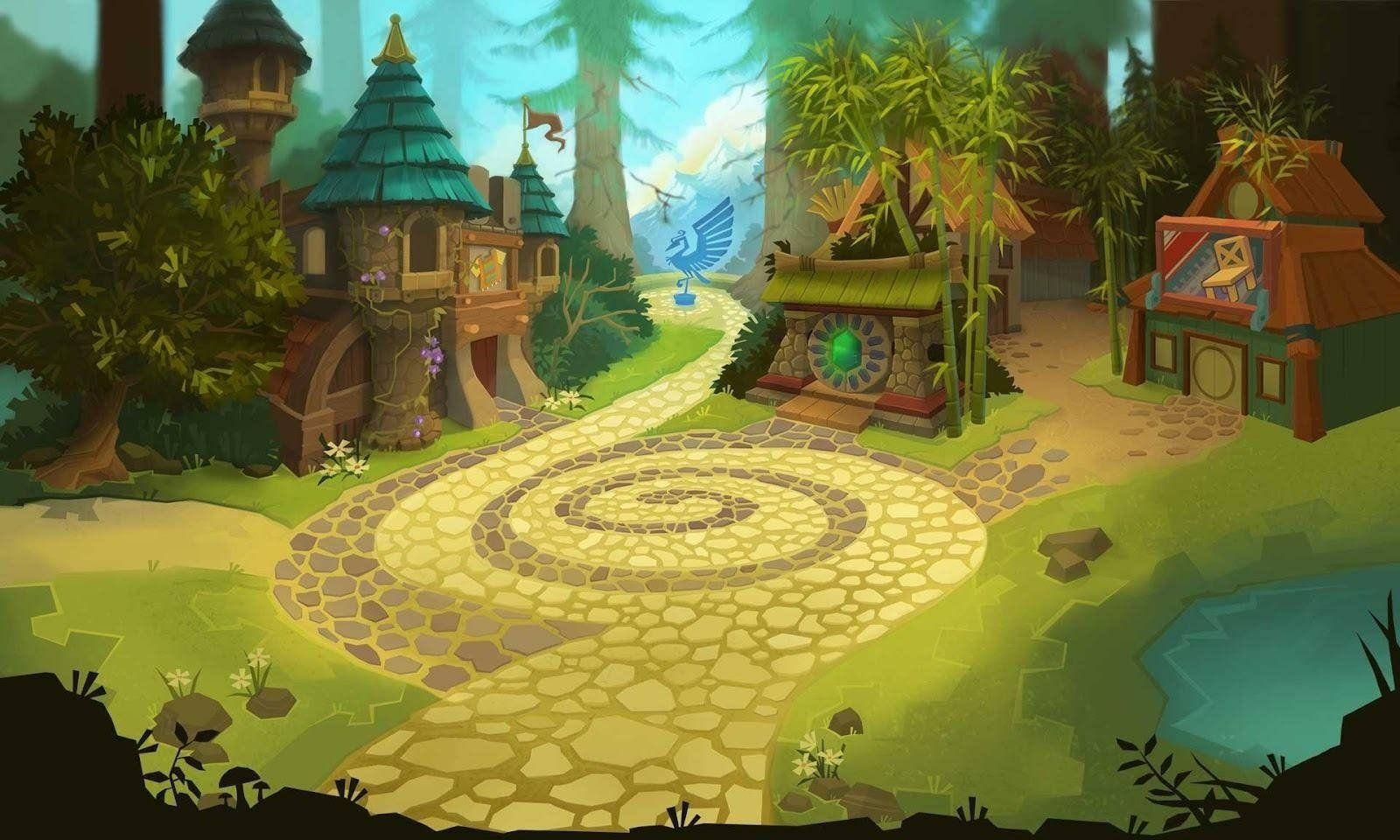 Animal Jam, vibrant fantasy village, lush green forest, HD Desktop Wallpaper