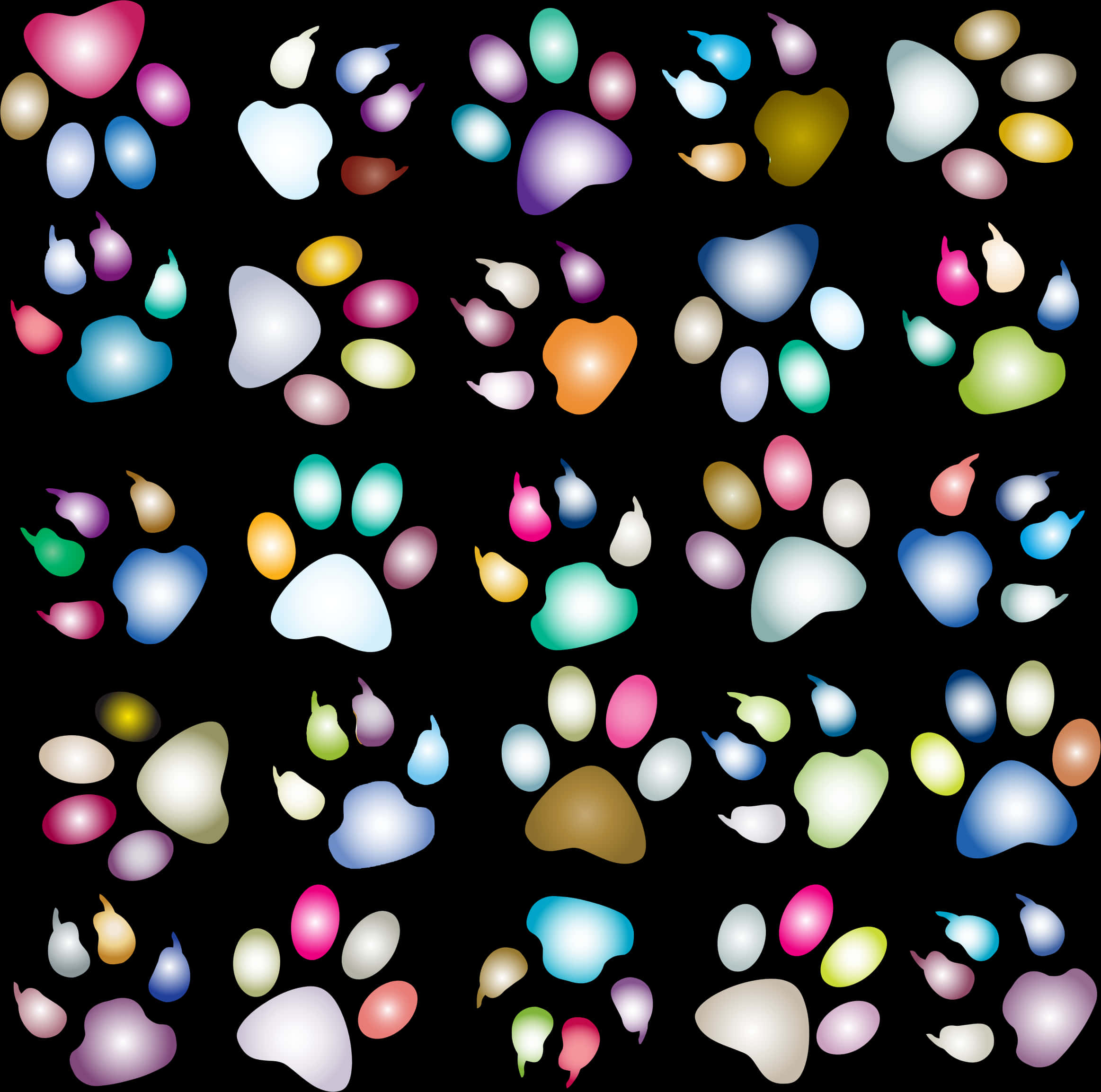 colorful paw prints pattern, rainbow hues, black background, Full HD Desktop Wallpaper