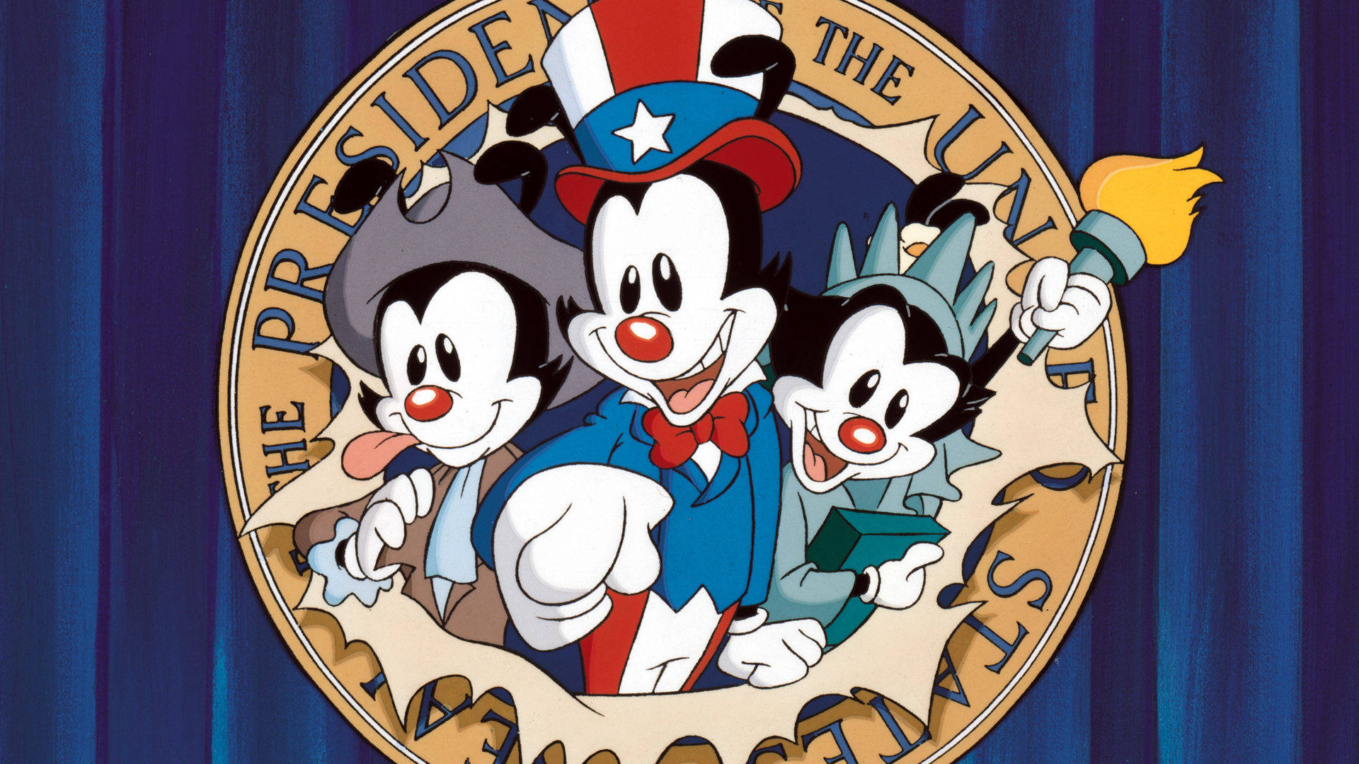 Animaniacs, presidential seal, blue curtain, Full HD Desktop Wallpaper