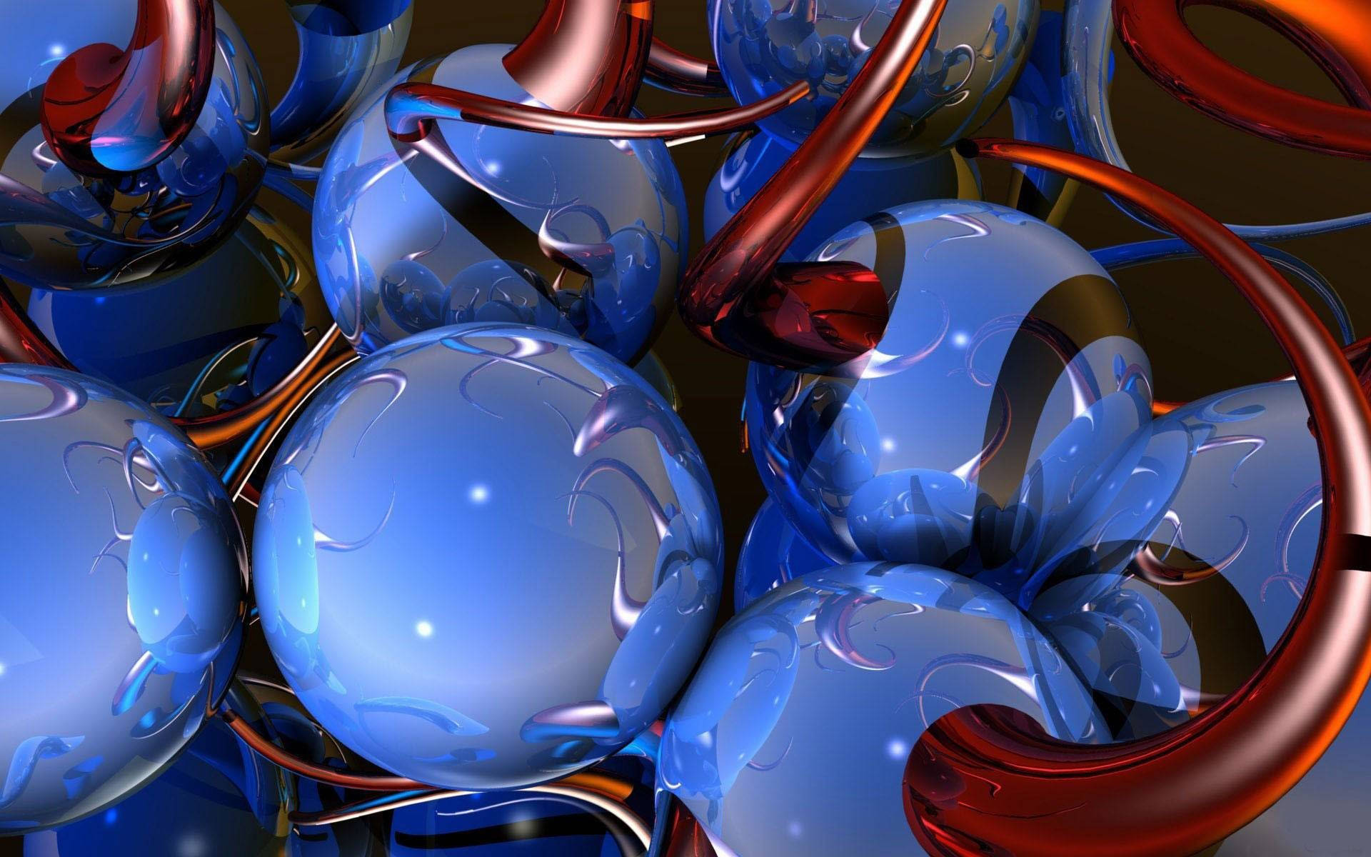 abstract blue balls, glossy blue spheres, flowing red metallic tubes, Full HD Desktop Wallpaper