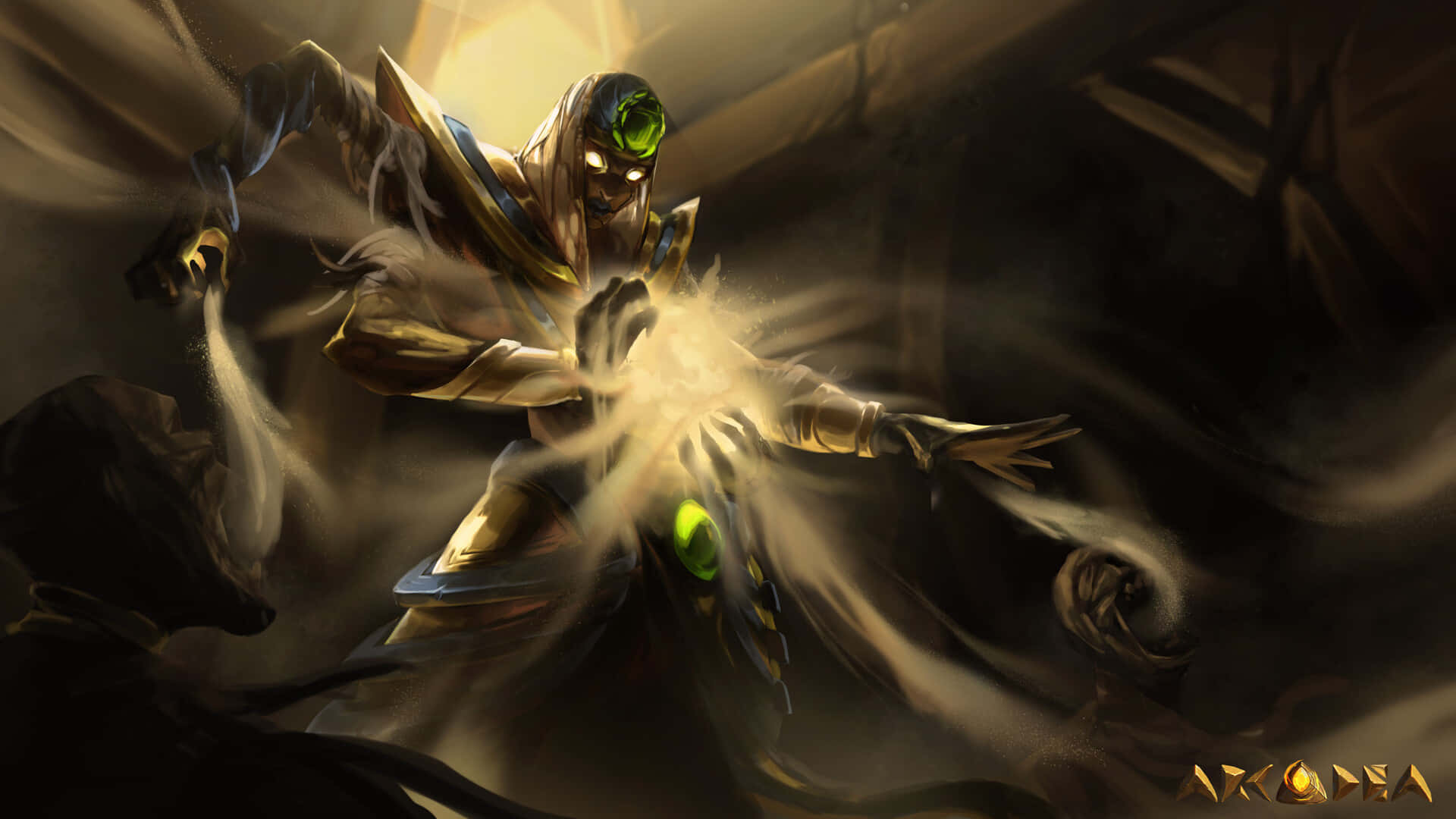 hooded mystical figure, glowing green eyes, radiant energy, Full HD Desktop Wallpaper