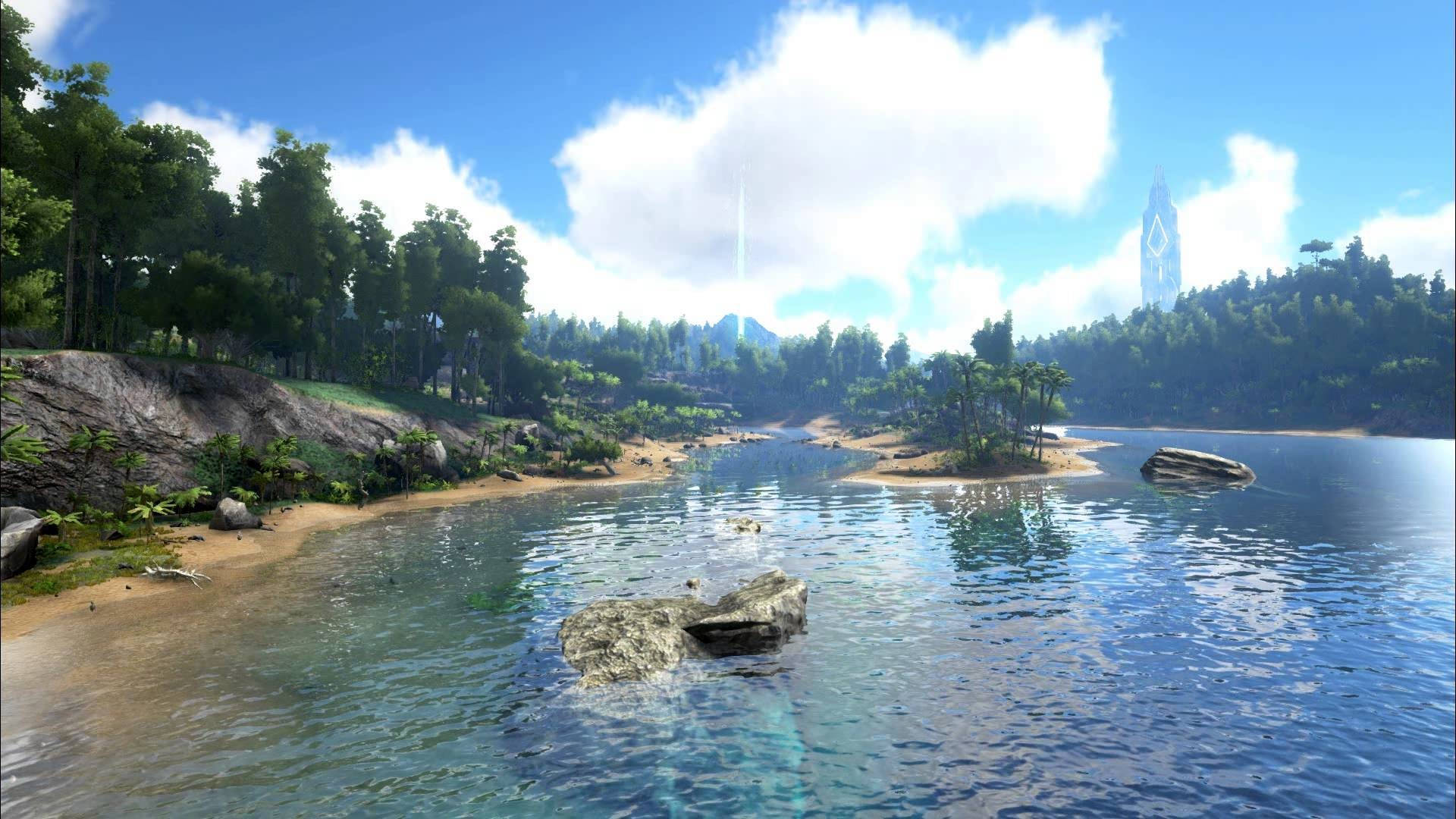 Lagoon And Trees, clear blue water, rocky shores, Full HD Desktop Wallpaper